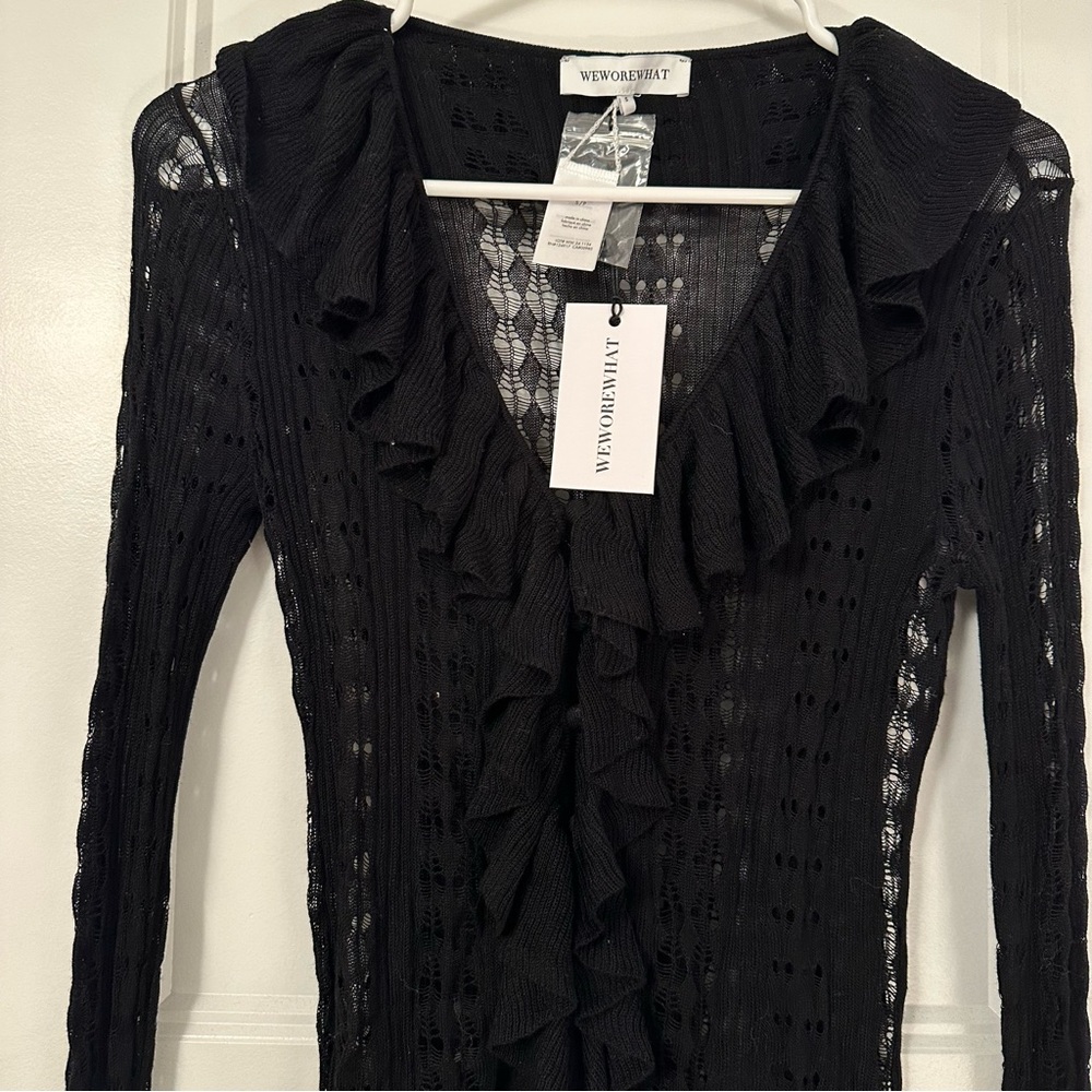 Womens WeWoreWhat Black Ruffle Soft Pointelle Sweater - Size S - NWT ✨